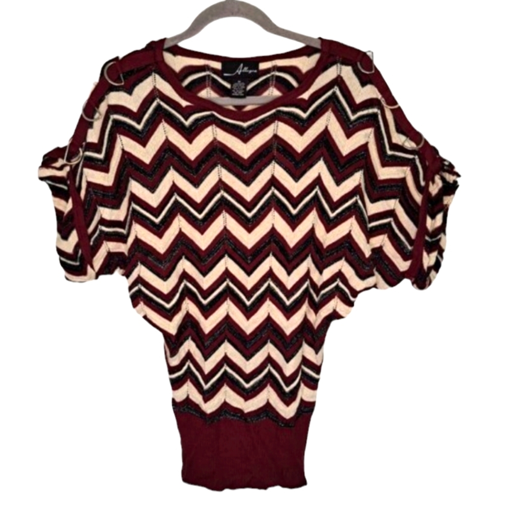 Allegra Black Ivory Burgundy Chevron Dolman Sleeved Top Size Medium